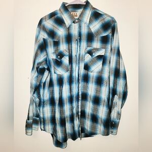 Vtg ELY CATTLEMAN Mens Blue & Black Plaid Western Snap Button Shirt Sz. Large